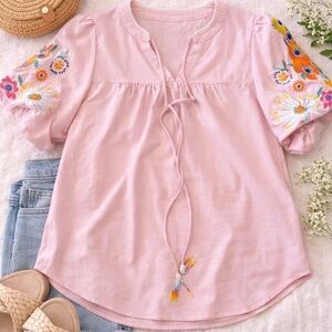Blush Pink Embroidered Floral Puff Sleeve Blouse